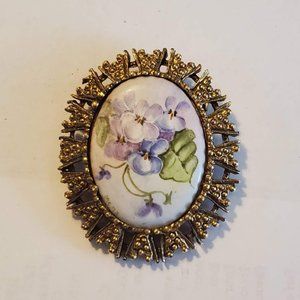 Vintage Hand Painted Violet Brooch/Necklace 1972
